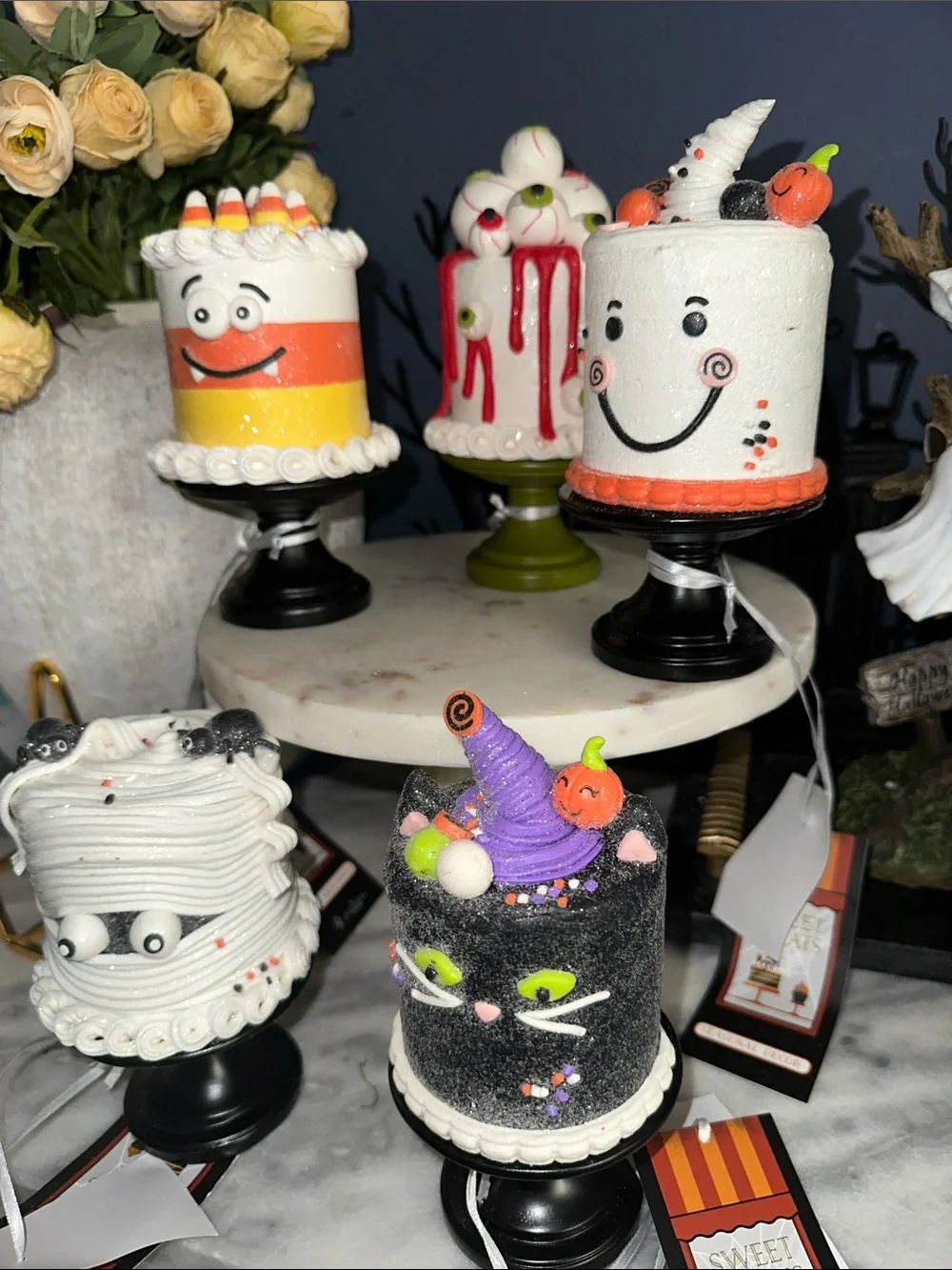 Halloween Mini Cake Topper Set in Black, White, Orange, Purple & Green